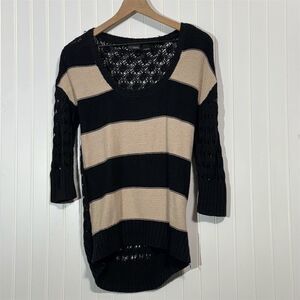 Daytrip Sweater M Black Beige Striped Crochet Knit Cotton Boho Grunge‎ Layering